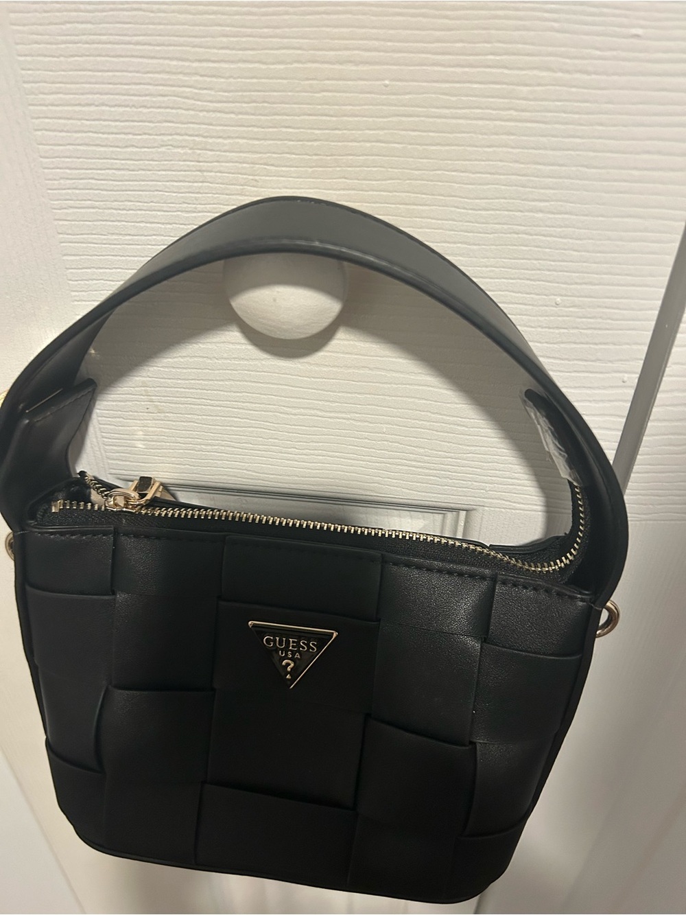 GUESS Black Quilted Weave Shoulder Bag with Gold Accent